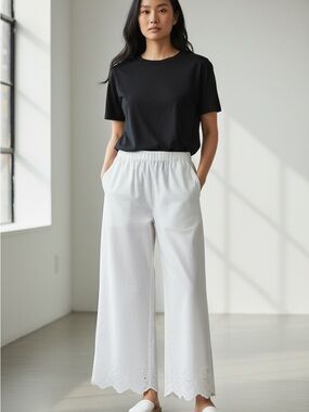 White Wide-Leg Eyelet Hem Pants with Elastic Waist